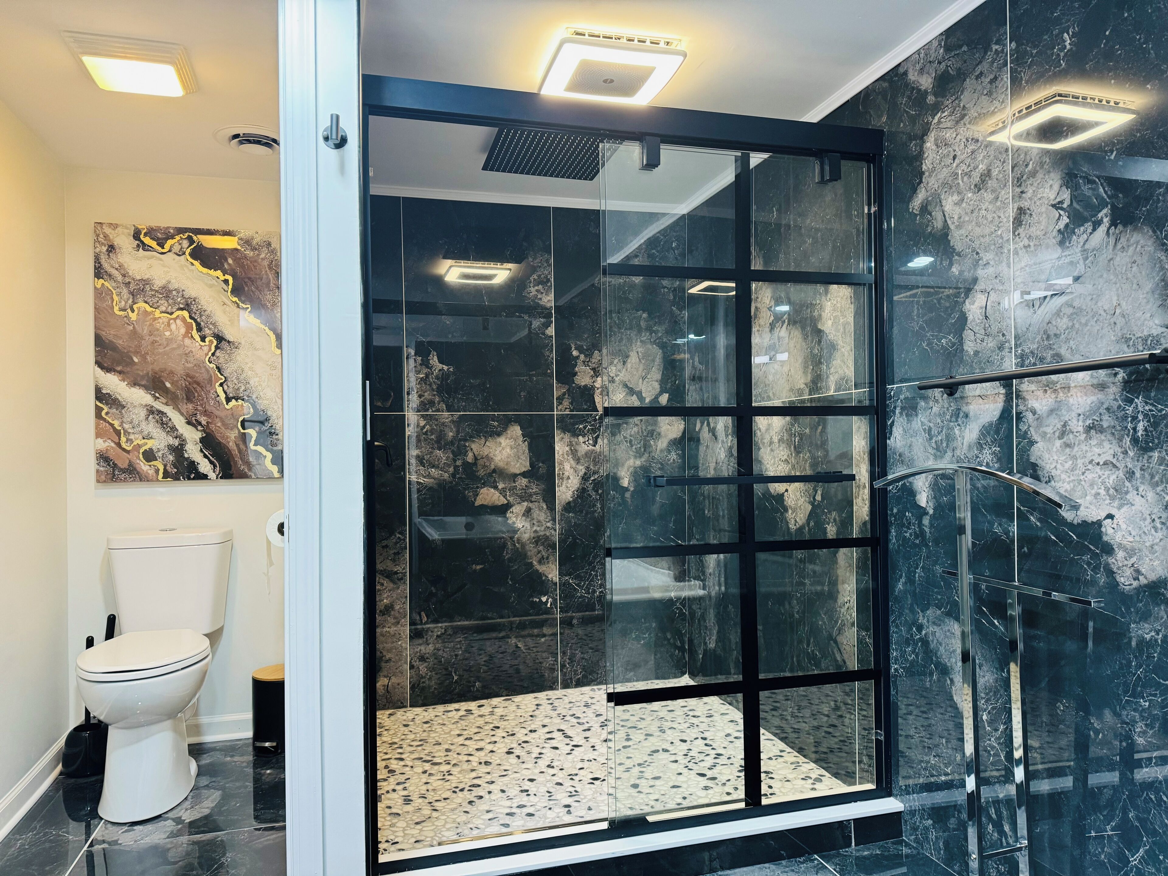 Jetted tub, hair dryer, towels, soap