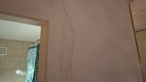 A room with a visible crack on the wall, a shower area with a patterned curtain, and a wooden door frame. - Wonderful apartment in Martigny with stunning views (MARTIGNY)