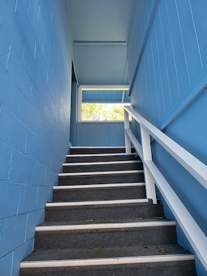 Stairs lead upwards, flanked by walls and a handrail, with a window at the top.