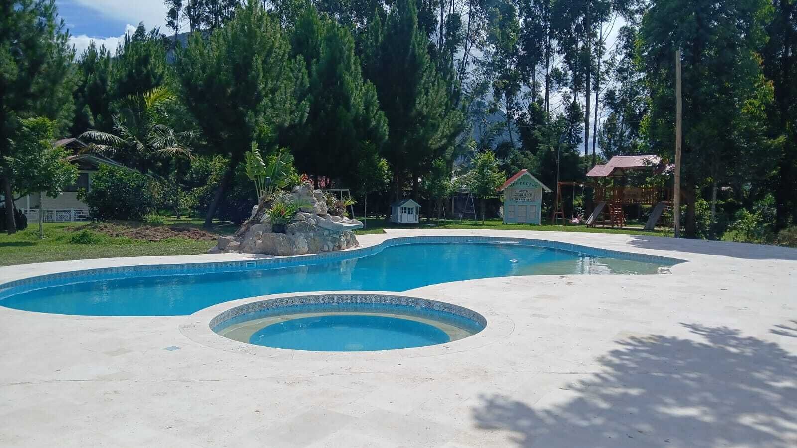 A swimming pool with a circular hot tub in the center, surrounded by a concrete deck.