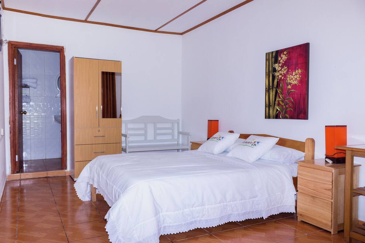 Une chambre à coucher avec un lit, des tables de chevet, une armoire et une porte.