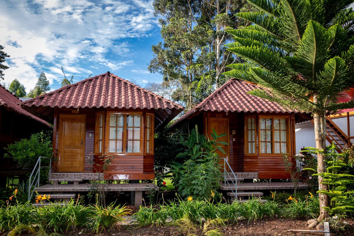Deux cabanes en bois aux toits recouverts de tuiles, entourées d’une végétation luxuriante et baignées par un ciel dégagé.