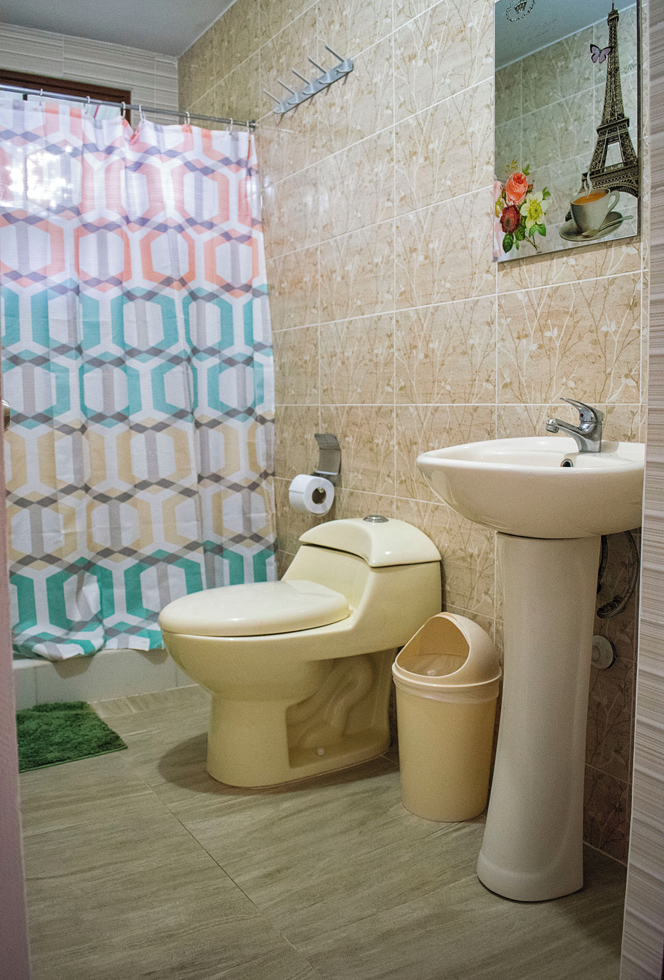 A bathroom with a toilet, sink, and shower curtain.