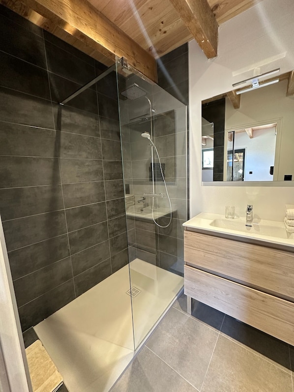 Dusche, Haartrockner, HandtĂŒcher, Toilettenpapier