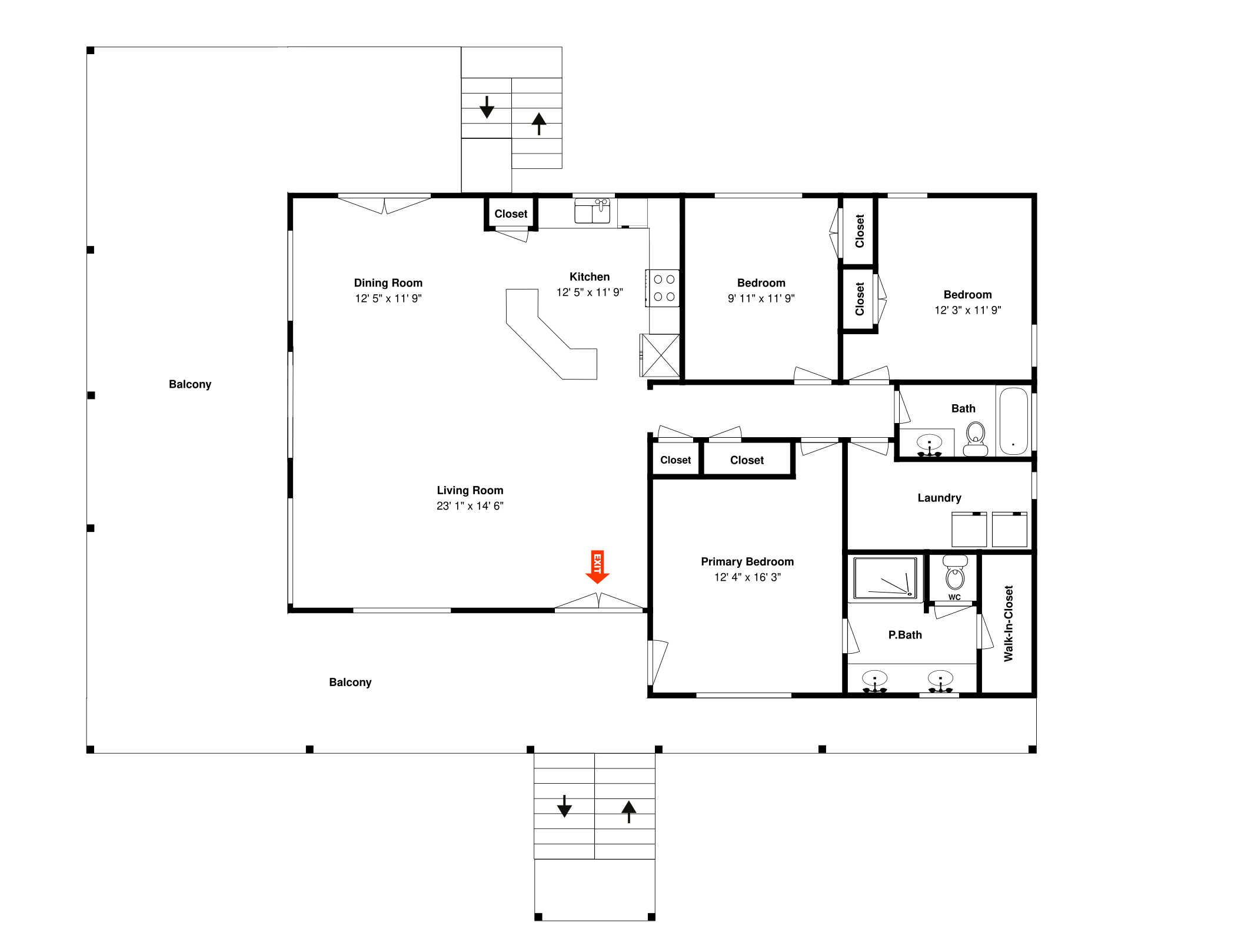 A floor plan of a hotel with a dining room, kitchen, two bedrooms, a bathroom, a living room, and a balcony.