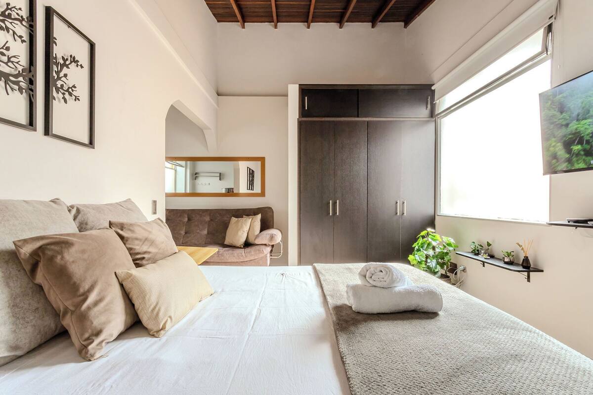 A bedroom with a bed, a sofa, a wardrobe, a TV, and a window with a plant.