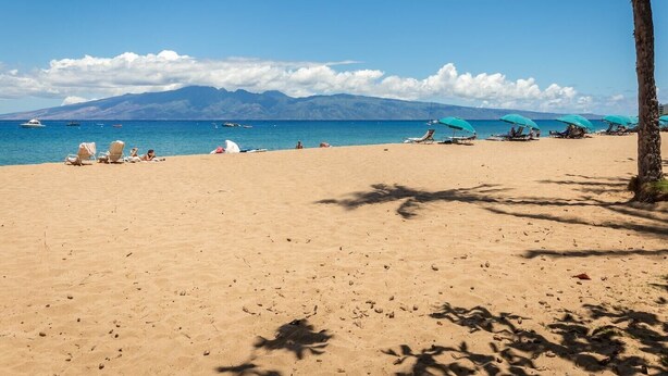 A beach with clear skies, a mountain in the background, and several umbrellas and lounge chairs. - Budget Downtown Studio-G w/Queen Bed,  Micro-Kitchen AC, WIFI & 4 free Streamers (Wailuku)