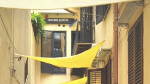 Un estrecho callejón con suelo de baldosas, plantas en macetas y un toldo amarillo.
