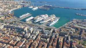 Vista aérea de una ciudad costera con un puerto deportivo, mostrando varios cruceros amarrados, un puente destacado y una arquitectura urbana densa.