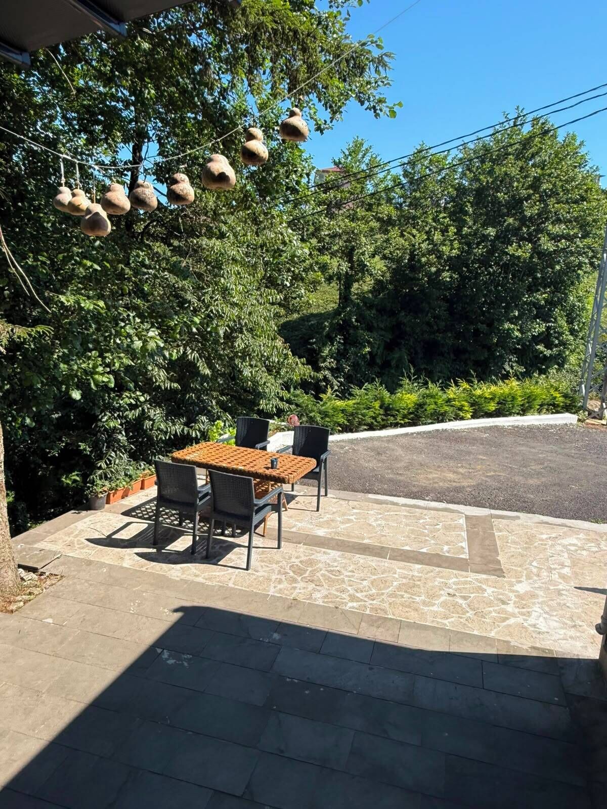 An outdoor patio with a table and chairs, surrounded by greenery and a paved walkway.
