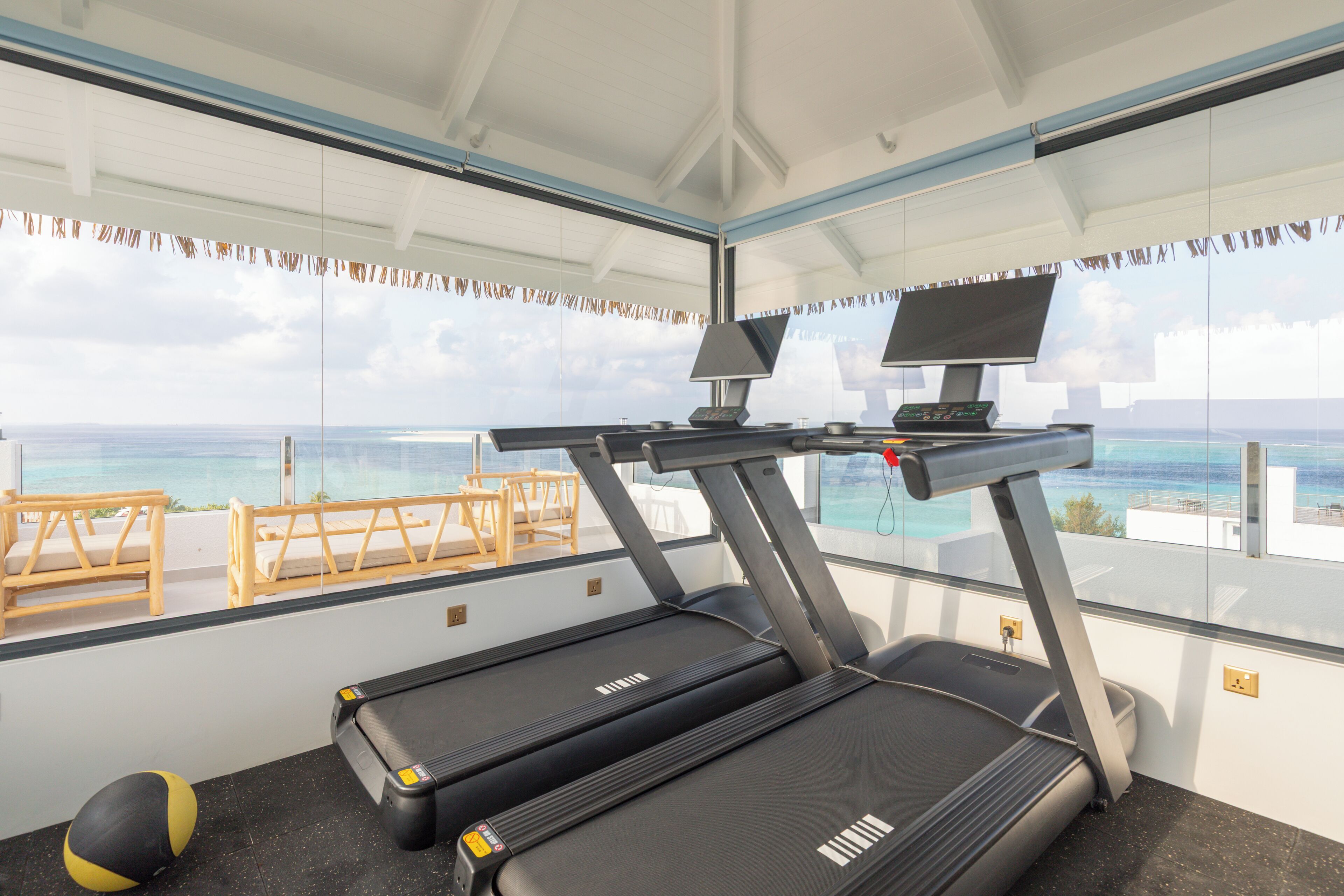 A modern gym with treadmills and exercise balls, large windows with a view of the ocean.