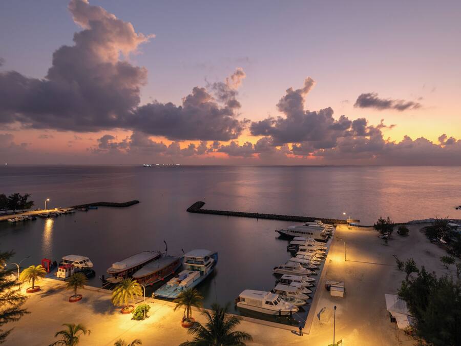 Un puerto deportivo al anochecer con barcos amarrados, un muelle que se adentra en el agua y un sendero bien iluminado que lleva a los barcos.