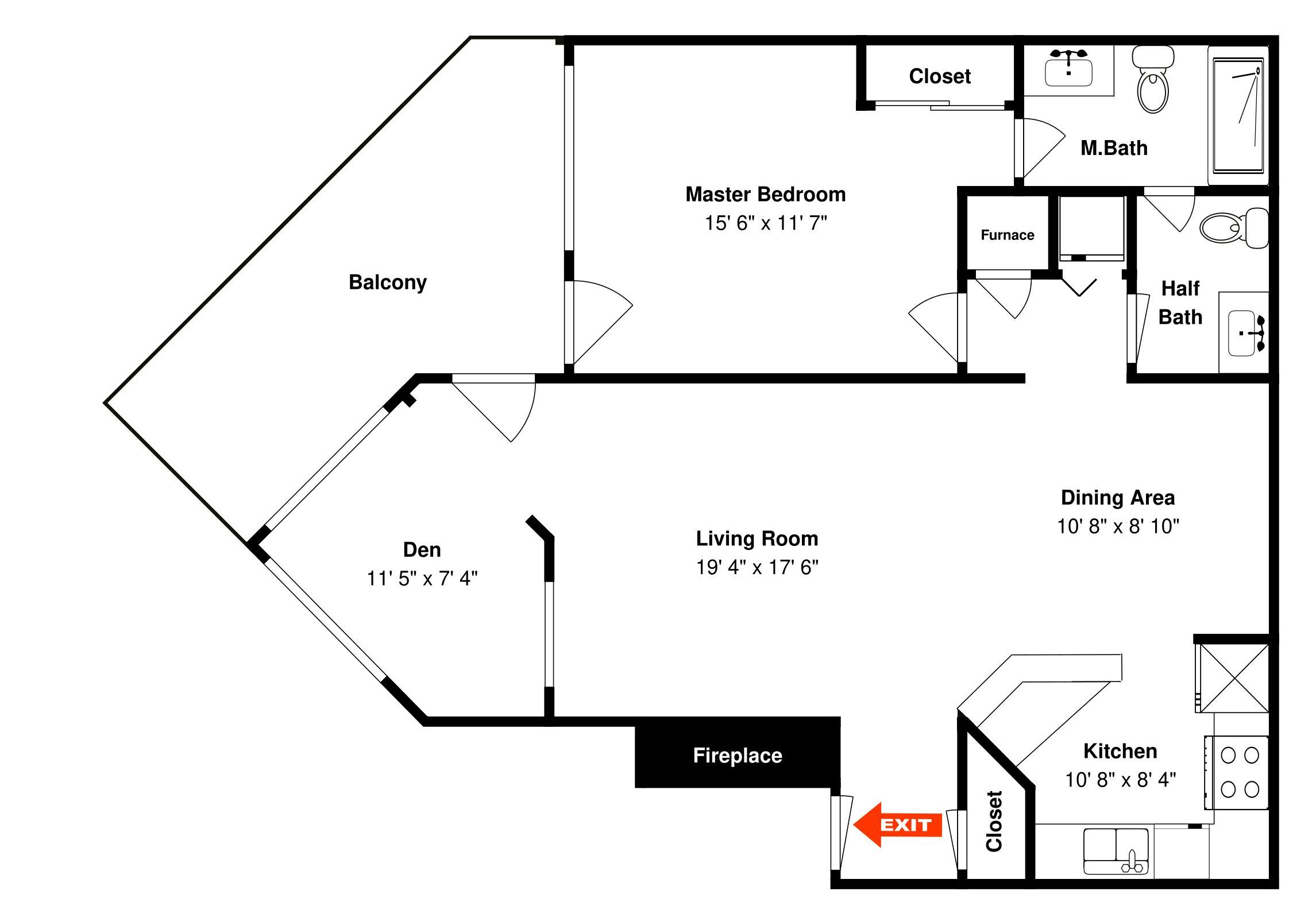 Ein Grundriss mit Schlafzimmer, Wohnzimmer, Essbereich, Küche und Bad.