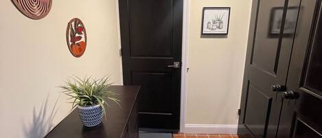 A hallway with a dark brown counter, a potted plant, a framed picture, and a black door.