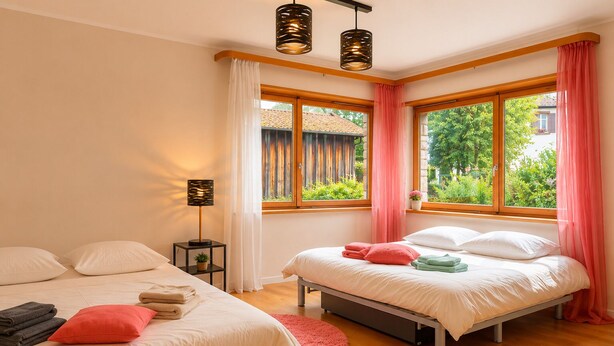 A bedroom with two beds, a nightstand, a lamp, and large windows with curtains. - Le Gîte de Pipala *** (Mittlach)