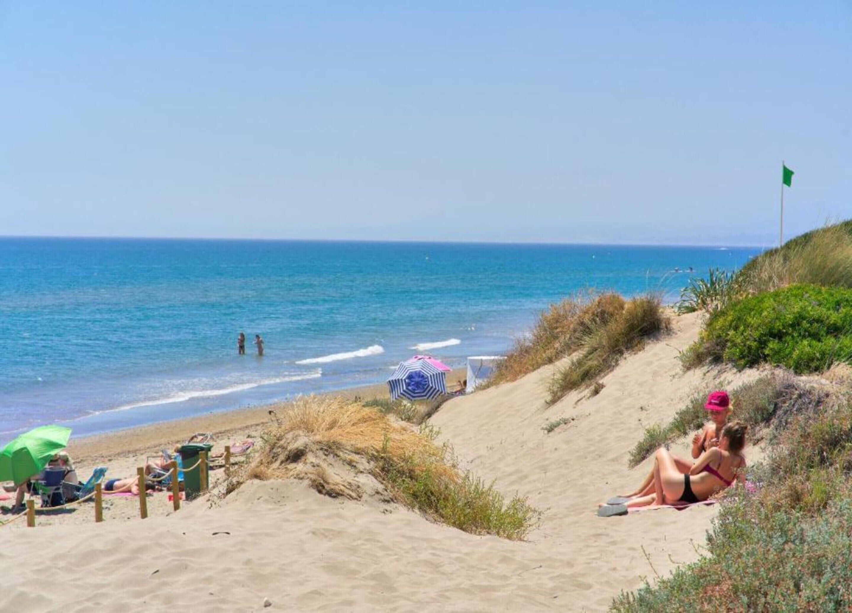A beach with a sandy path leading to the water, a flag on a pole, and people relaxing.