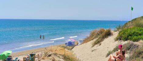 A beach with a sandy path leading to the water, a flag on a pole, and people relaxing.