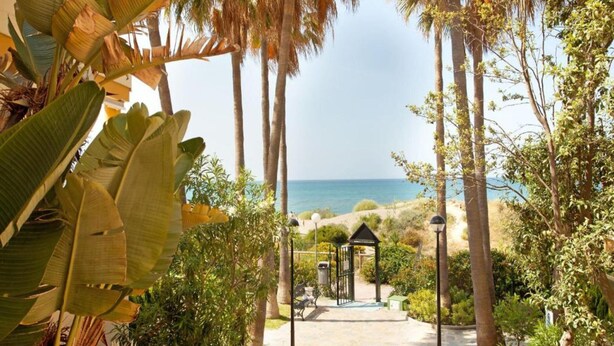 A pathway leading to a beach with palm trees and a gazebo. - Studio in Marbella Near Romana Playa Beach (Marbella)