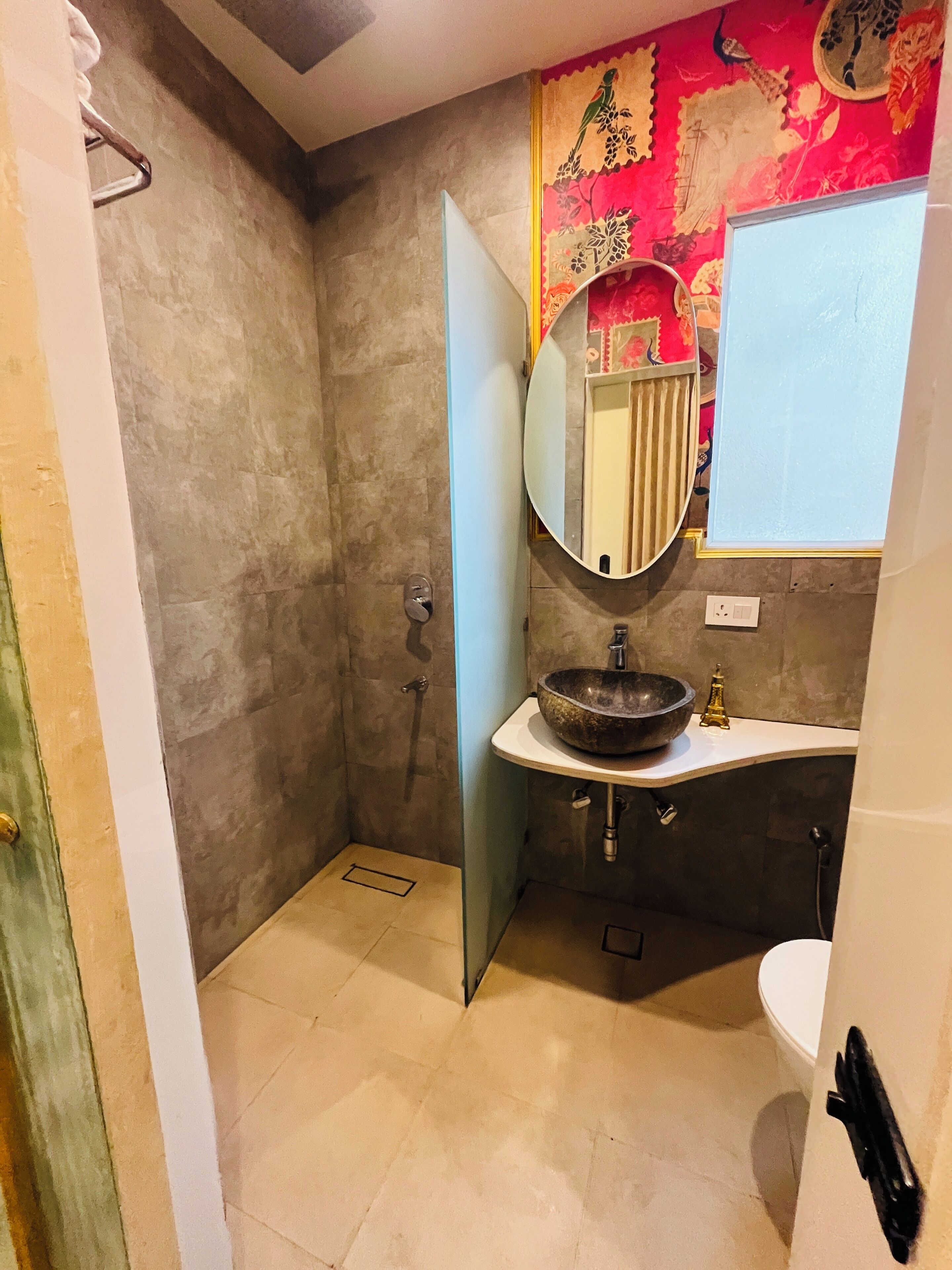 Een badkamer met een douche, een wastafel met een ruime kom, een spiegel en een toilet.