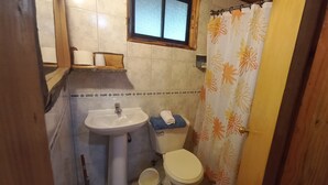 A small bathroom with a white sink, toilet, and shower curtain. - Cabañas Rucapillan (Panguipulli)