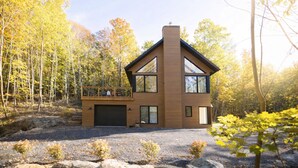 Une maison moderne à deux étages, dotée d’un garage, d’un balcon et donnant sur une forêt.
