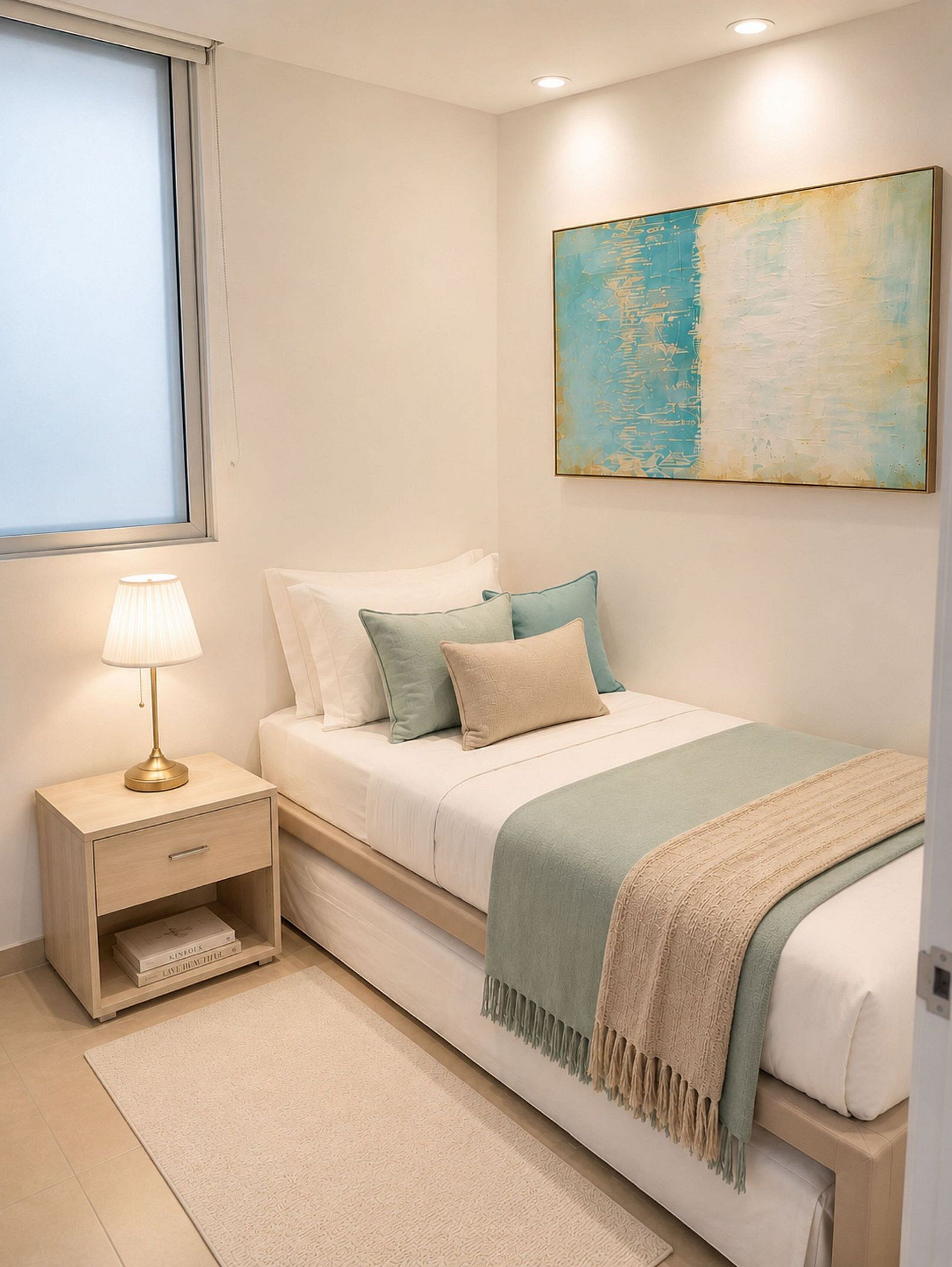 A bedroom with a bed, bedside table, lamp, and a painting on the wall.