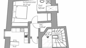 Plano de distribución de un hotel que incluye una sala de estar de 36,6 m², un baño de 1,9 m², una zona en el piso superior de 55,7 m², una logia de 2,6 m², un dormitorio de 11,7 m² y un cuarto de baño de 5,5 m².