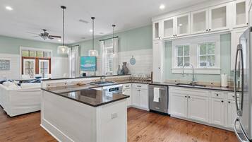 Coffee/tea maker, fridge, microwave, oven