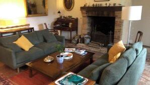 A living room with a sofa, a coffee table, a fireplace, and a painting on the wall.