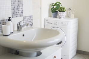 Shower, hair dryer, bidet, towels