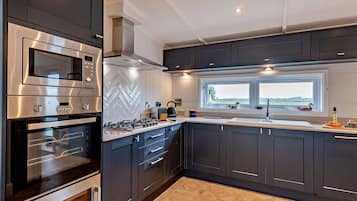 Fridge, microwave, oven, cookware/dishes/utensils
