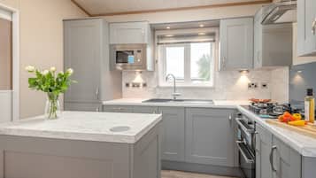 Fridge, microwave, oven, cookware/dishes/utensils