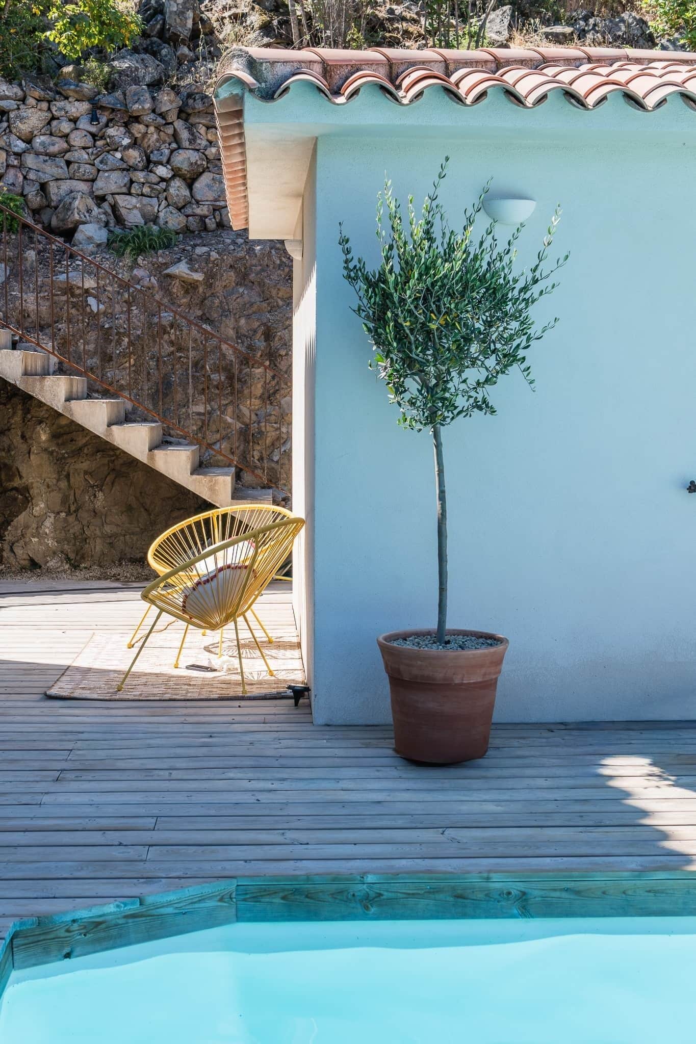 Área da piscina com uma árvore em vaso, uma cadeira e um muro de pedra.
