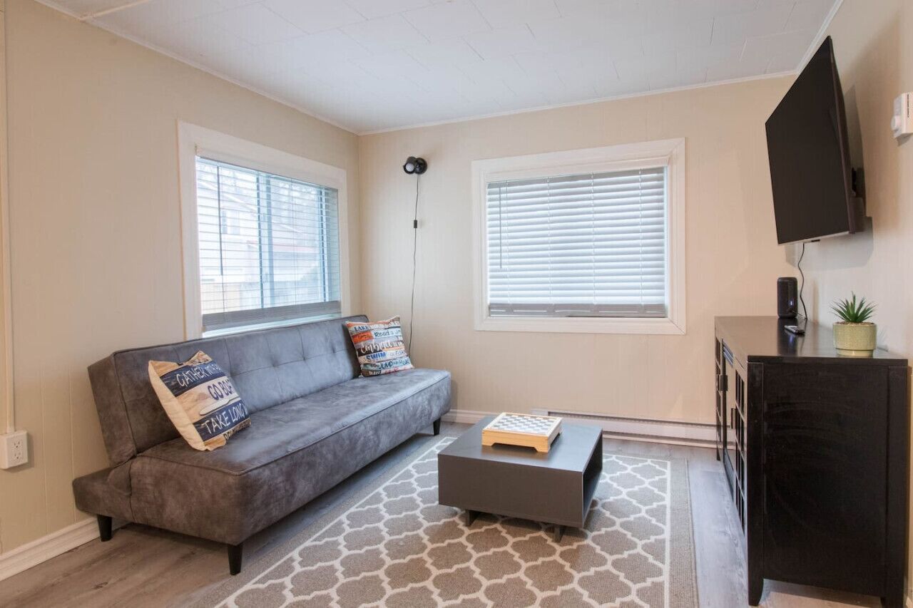 Smart TV, fireplace, books, stereo