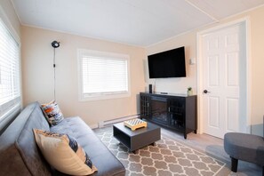 TV connectée, cheminée, livres, chaîne hi-fi