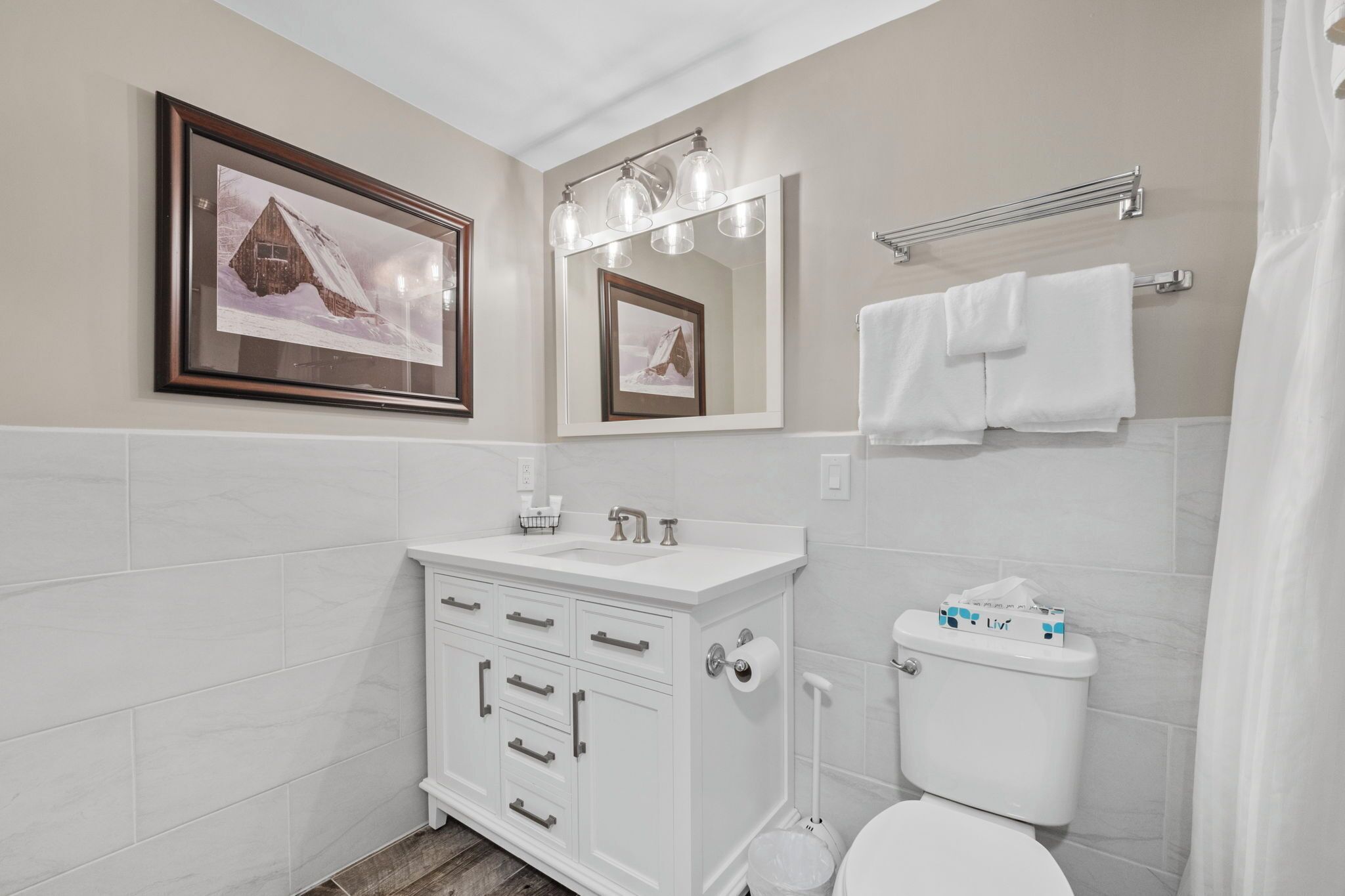 A bathroom with a white vanity, a toilet, a framed picture on the wall, and a towel rack.