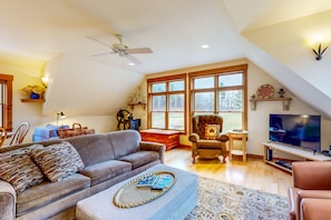 TV, fireplace, DVD player, books