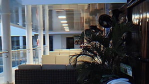 Un espace intérieur moderne comprenant un coin salon, une poubelle et une plante en pot.