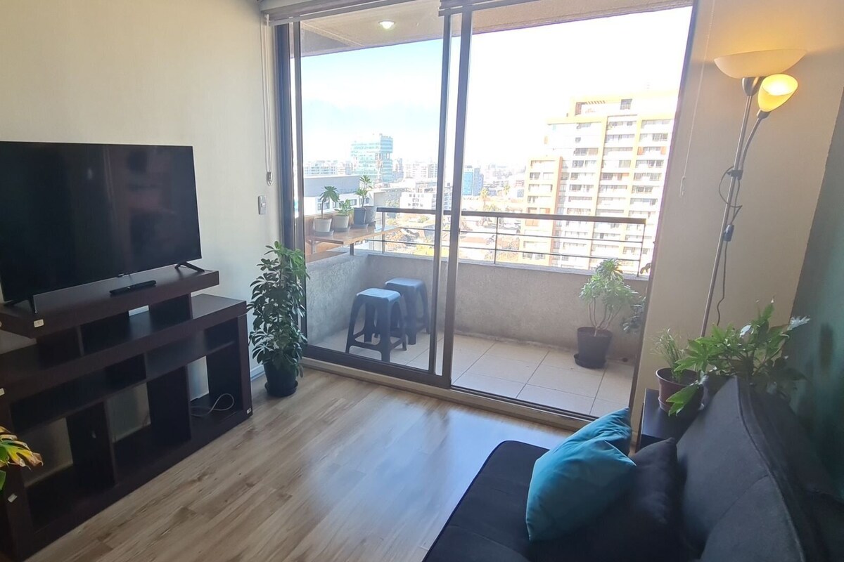 En stue med et fladskærms-tv på et træstel, en sofa med puder, og en balkon med plantekasser.