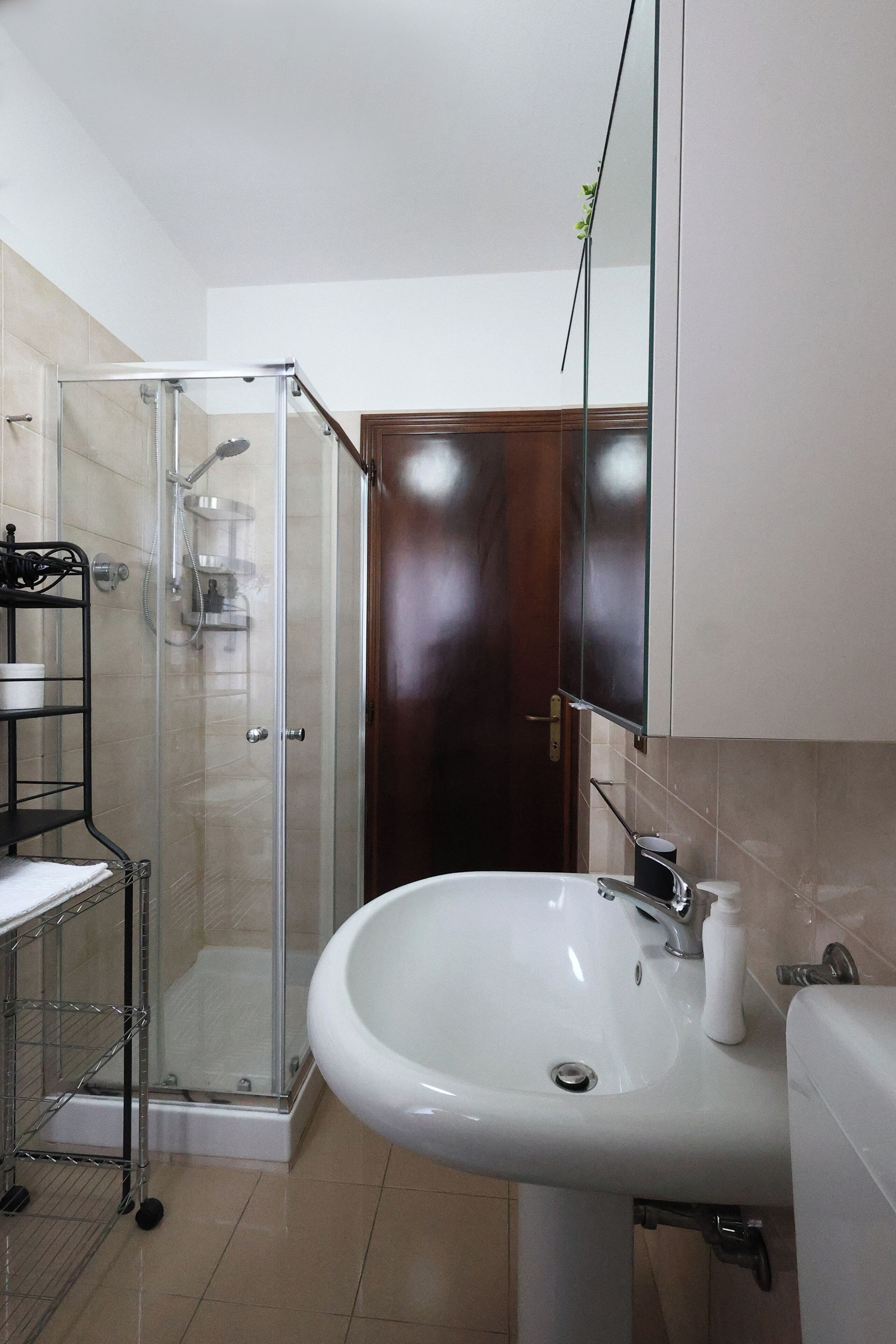 A bathroom with a glass-enclosed shower, a white sink, and a wooden door.