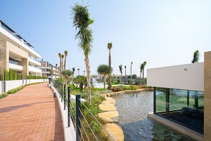 A modern hotel with a pool, palm trees, and a brick pathway.