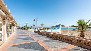 Un sendero pavimentado con un muro de piedra, una palmera y una playa al fondo.