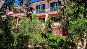 Un edificio de varios pisos con balcones, rodeado de exuberante vegetación.