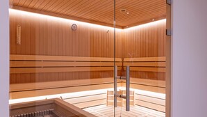 A sauna with wooden benches and a glass partition. - Studio Near the Slopes With Wellness Area (Mittersill)