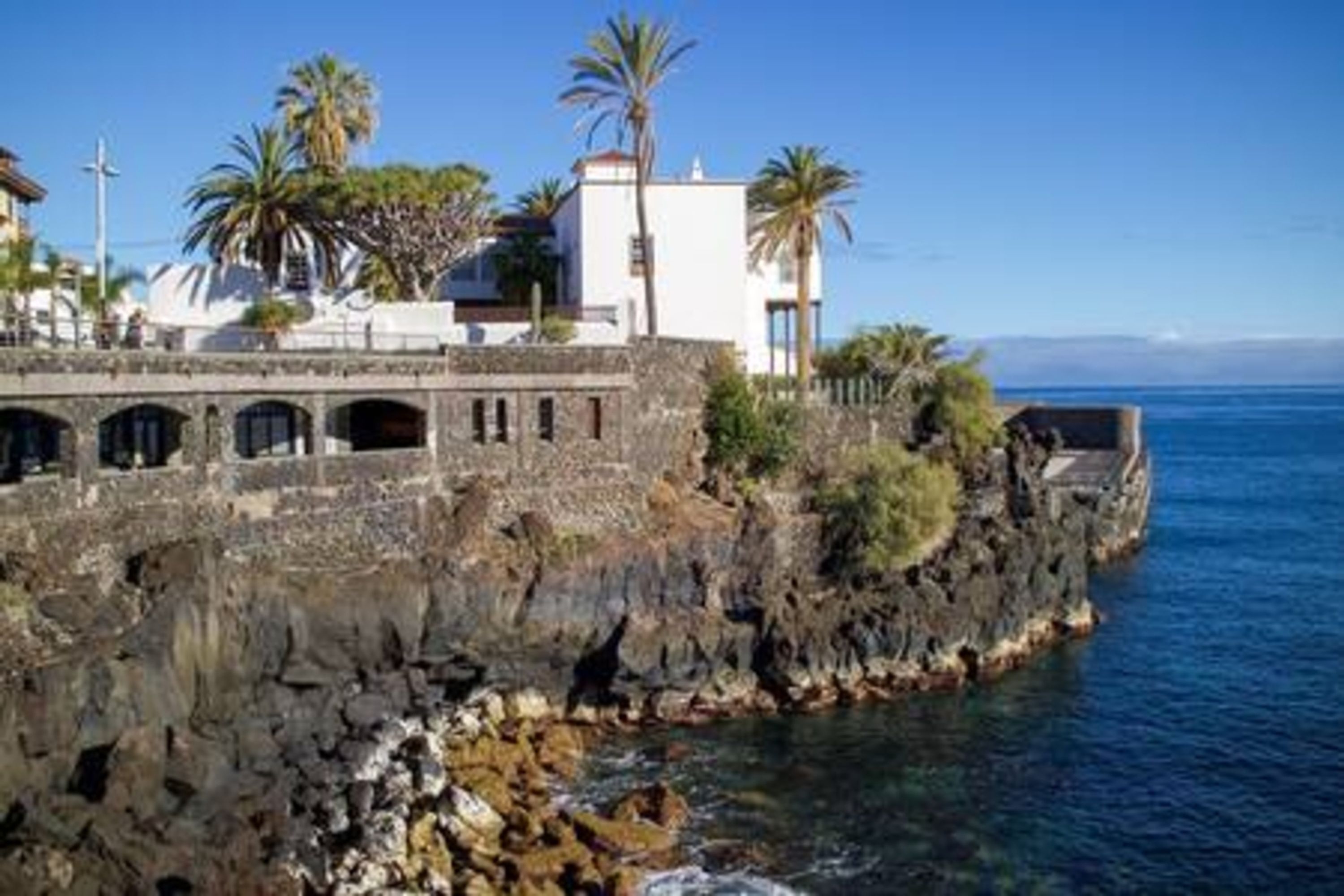 A coastal building with a stone facade, palm trees, and a view of the sea.