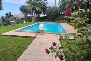 Ein rechteckiger Pool mit einer Fontäne, umgeben von einem gepflegten Rasen und Palmen.