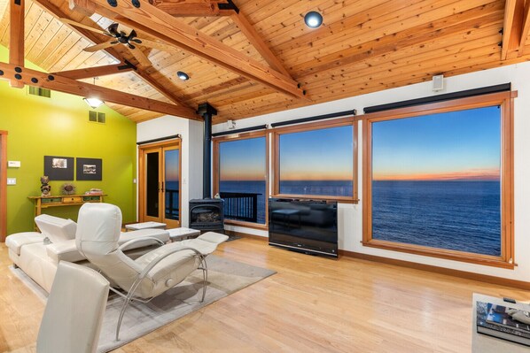 Smart TV, fireplace, DVD player, books