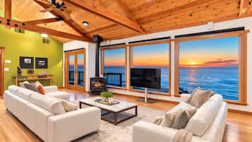 Smart TV, fireplace, DVD player, books