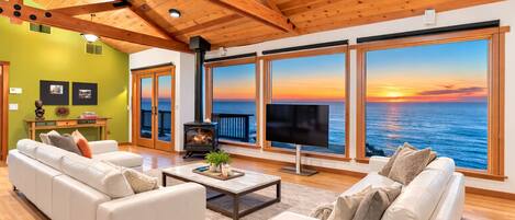 TV connectée, cheminée, lecteur de DVD, livres