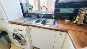 Une cuisine compacte équipée d’un évier en acier inoxydable, d’un égouttoir, d’un lave-linge et d’une plante en pot.